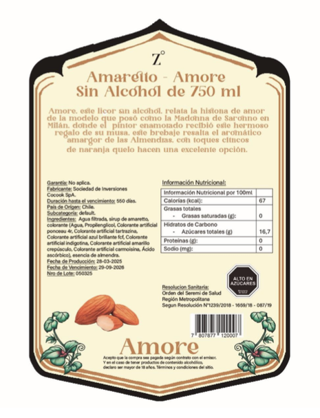 Amaretto sin alcohol Zinverguenza 750ml (Amore)
