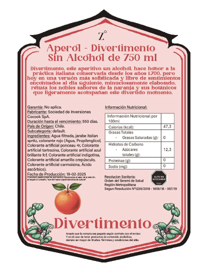 Aperitivo Italiano (tipo aperol) Zinverguenza 750ml (Divertimento)