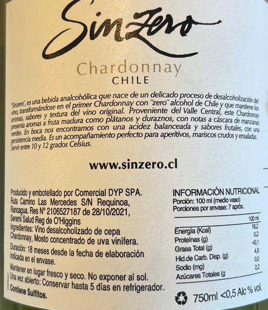 Vino Chardonnay Sinzero 750cc